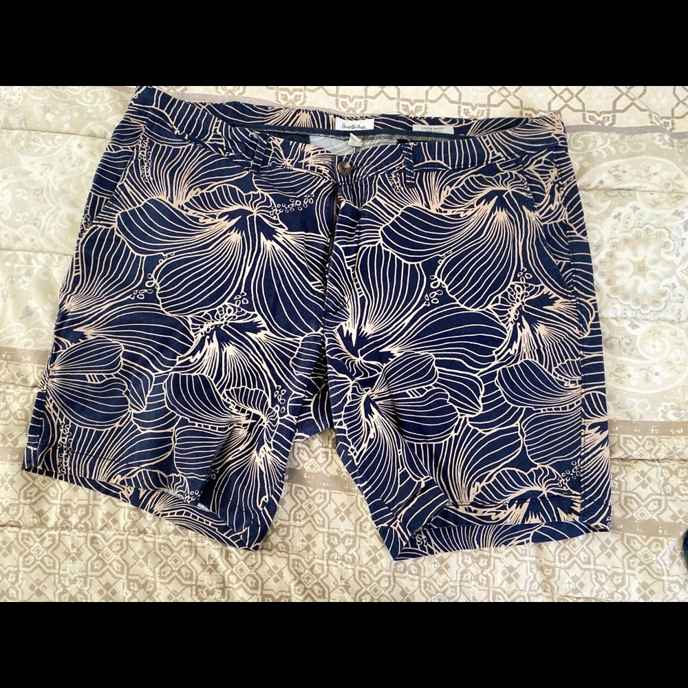Blue and khaki colored shorts